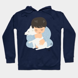 Adorable boy hugging lovely puppy cartoon kawaii style. Hoodie